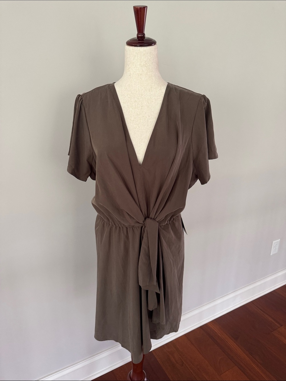 Express Olive Green Wrap Midi Dress with Tie Waist